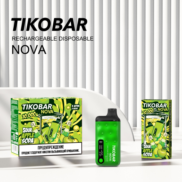 Электронка Tikobar Nova Кислая Яблочная Содовая 10000 Затяжек в Норильске
